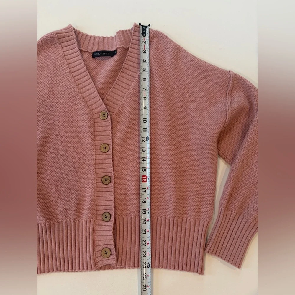 Merokeety Blush Pink Exposed Hem Sleeve Ribbed Stretchy Button-Up Cardigan Large - Picture 2 of 15
